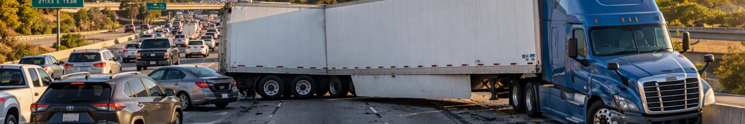 Jackknifed semi-truck blocking multiple highway lanes amid heavy traffic following a major roadway collision.