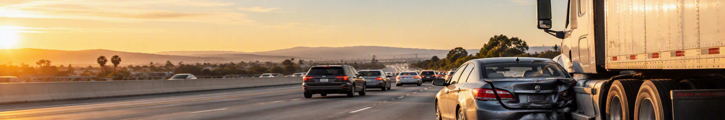 Rear-end truck accident involving a tractor-trailer and passenger sedan on a Southern California freeway.