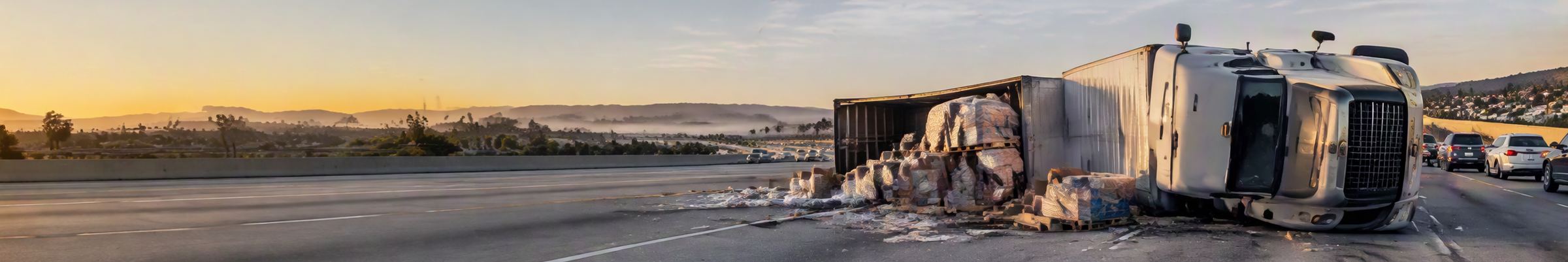 Overturned semi-truck trailer spilling cargo across multiple lanes of a highway during a rollover accident