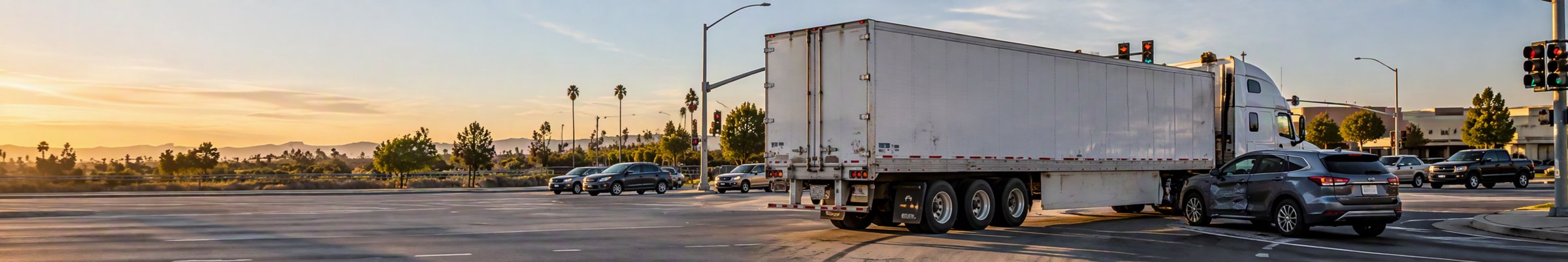 Semi-truck involved in a wide-trun collision with an SUV at a signalized intersection.